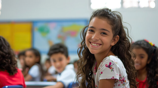 Academic Concept. Smiling junior Portuguese school girl sitting at desk in classroom with copy space.
