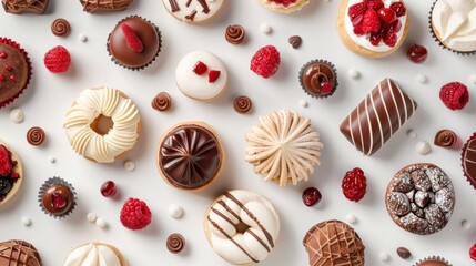 Desserts assortment on light background. Freshly made bakery and treats. Flat lay, top view