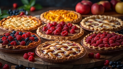 assorted fruit pies on wooden table with fresh ingredients around - obrazy, fototapety, plakaty