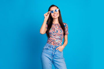 Photo portrait of pretty young girl sunglass posing model wear trendy colorful clothes isolated on...