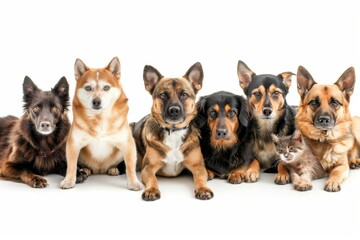 Assorted cats and dogs in studio setting on white background with ample copy space for versatile use