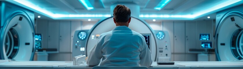 Create a highly detailed photorealistic image portraying a radiologist seated behind a computer monitor, analyzing a magnetic resonance imaging MRI scan as part of a patient examination