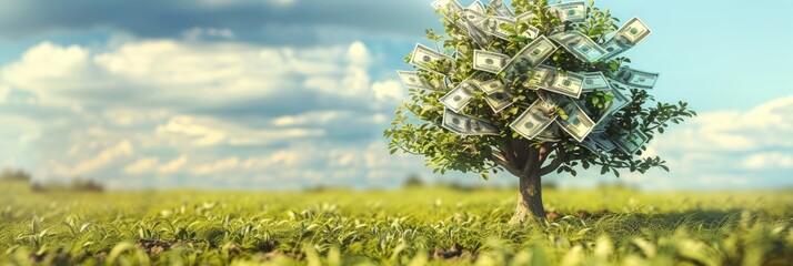 Dollar tree: Currency notes blossoming in idyllic meadow