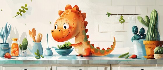 dinosaur cooking, cartoon, cute style, clear and few objects, funny