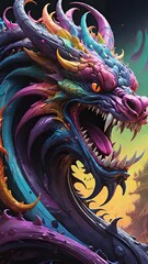 Vibrant Digital Illustration of a Fierce Dragon with Neon Accents in a Dark Fantasy Setting