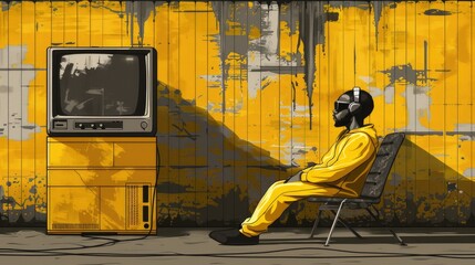 African American man sitting on a chair near an old TV with headphones, music album cover