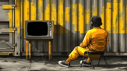African American man sitting on a chair near an old TV with headphones, music album cover