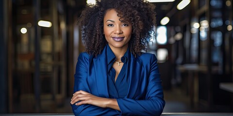 An image capturing the essence of empowered corporate leadership through a confident African American woman. - obrazy, fototapety, plakaty