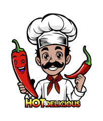 Chef Mascot Holding Chili with the Writing Hot and Delicious