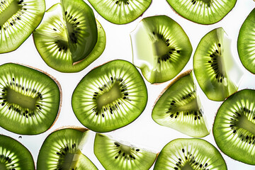 An immersive image capturing the essence of Kiwi slices, their juicy texture and vibrant colors showcased against a white background.