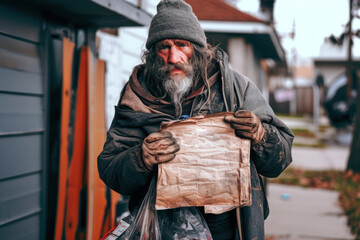 Homeless poor man in dirty clothes holds a paper sign in his hands on the street. Copy space. - obrazy, fototapety, plakaty