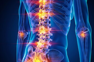 painful spine illustration with highlighted vertebrae and nerves medical concept