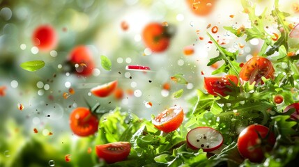 Fresh arugula, lettuce, radish, tomato salad ingredients on green background for healthy meal