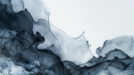 Abstract background, black texture of alcohol ink wash smears on a white canvas. - obrazy, fototapety, plakaty