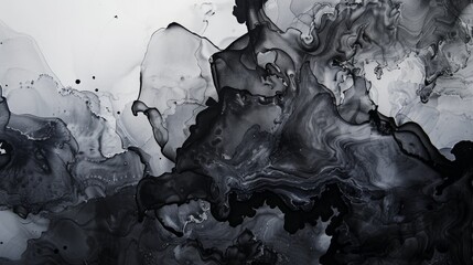 Abstract background, black texture of alcohol ink wash smears on a white canvas.