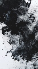 Abstract background, black texture of alcohol ink wash smears on a white canvas.