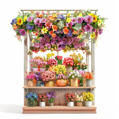 A flower stand with a variety of flowers, including tulips, roses, sunflowers, and lilies. The flowers are arranged in bouquets and vases on shelves and the stand is decorated with a floral arch.