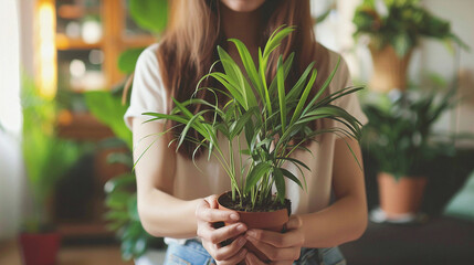 Young Woman Holds A Houseplant In Her Hands, Perfect For Gardening, Home Decor, Or Wellness Themed Content