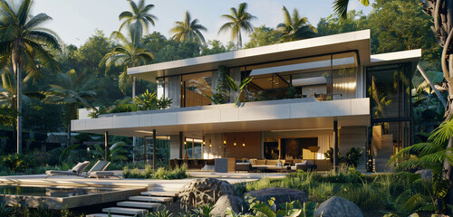 Modern house exterior, sleek dining, lush gardens, crystal-clear detail.