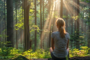 Experience the healing practice of forest bathing and tree hugging in a serene image capturing stress reduction and depression prevention. A person gently embraces a tree in a picturesque forest 