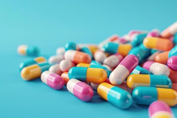 pile of colorful antibiotic capsule pills on blue background 3d render illustration