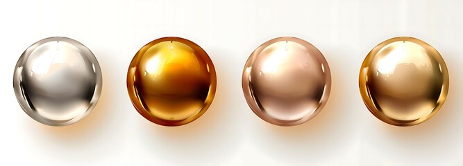  Four realistic transparent spheres or balls in different shades of metallic gold color on white background