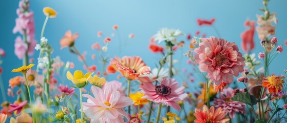 Obraz premium flowers in the field on blue background, creative blooming background