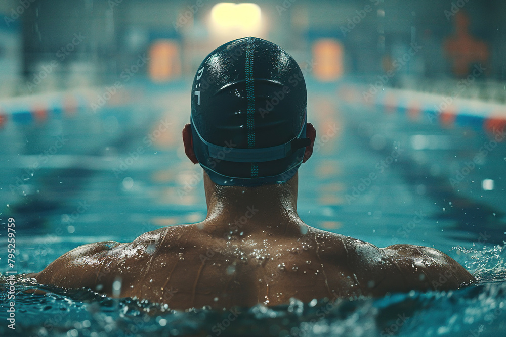 Wall mural back view of professional swimmer in pool cap training in the pool. generated by artificial intellig