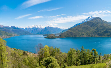Landscape of Lake Como in the sunny spring day, seen from Pianello di Lario, Lombardy, Italy.