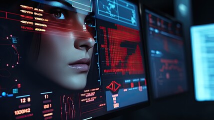 Surveillance monitor display with human face. AI-generated background with digital shapes, futuristic elements and patterns. Future technologies and artificial intelligence.