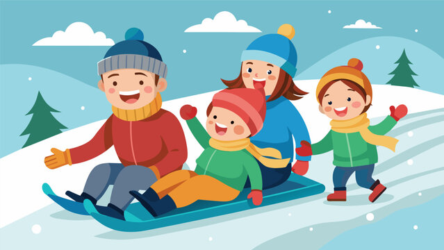 A Family Of Four Bundled Up In Winter Gear Sliding Down A Steep Hill On Their Sleds Laughing And Having A Blast On The Snowy First Day Of