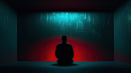 Lonely human meditating in dark room. Abstract AI-generated background. Future technologies and artificial intelligence concept.