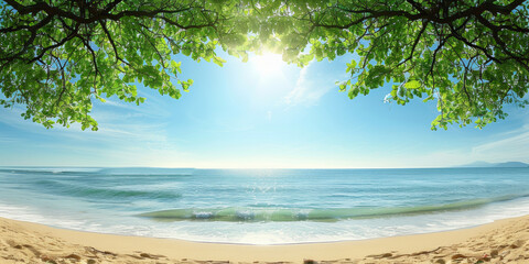 A beautiful beach scene with a clear blue sky and a calm ocean. The sun is shining brightly, creating a warm and inviting atmosphere. The trees in the background provide a sense of tranquility