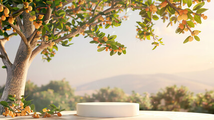 white cylinder empty podium with argan tree against mountain view.