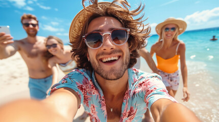guy with friends takes selfie - Powered by Adobe