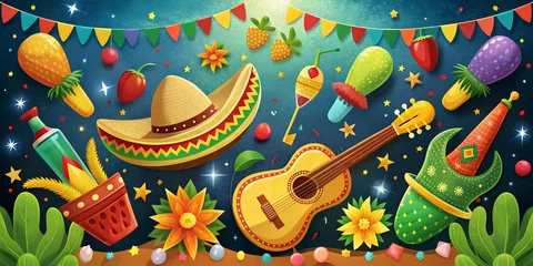 Deurstickers Cinco de Mayo Mexican holiday banner with flowers, guitars, maracas and cactuses. Ethnic background ornament pattern. © Janna7