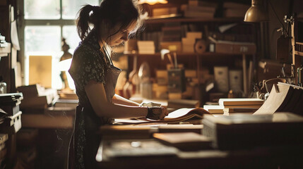 Traditional Craft | Female Bookbinder At Her Workplace, Creating Handmade Books And Journals