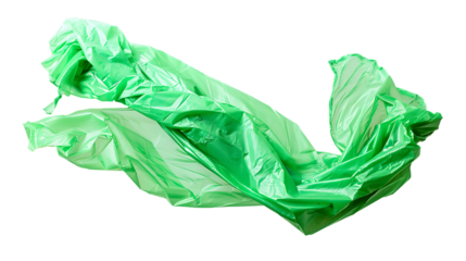 A crumpled green plastic bag floats on a white background.
