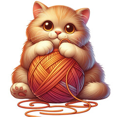 a cute kawaii ginger cat with a ball of yarn