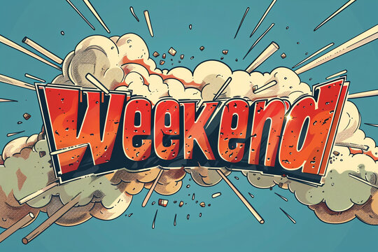 Comic book explosion with weekend text on blue sky background