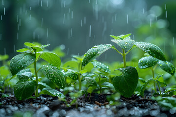 Green Seedlings Growing on the Ground in the Rain,
Spring rain solar term Grain Rain background seedlings and buds growing from seeds concept Illustration
 - obrazy, fototapety, plakaty
