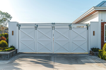 A white house with a garage door	
