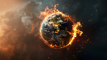 Earth globe on fire, global warming concept