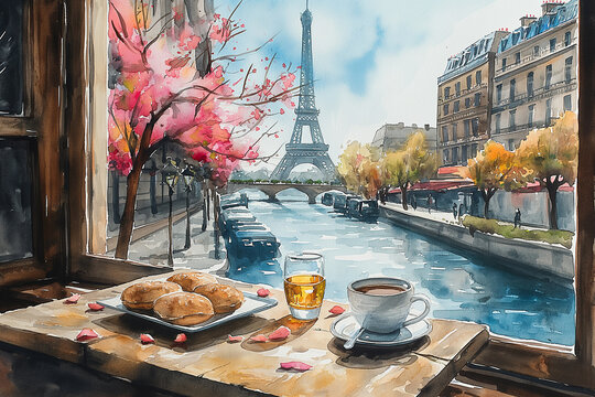 Beautiful spring view on Paris city and Eiffel tower from Parisian cafeteria at breakfast time. Watercolour illustration. Travel concept