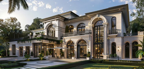 Sunlit elegance defines a modern mansion with an expansive, stylish exterior. - obrazy, fototapety, plakaty