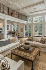 Modern farmhouse with white exterior, black trim, open living room under dark blue grey metal roof