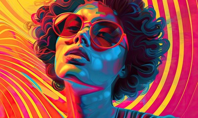 A vibrant, stylized portrait of a woman with sunglasses