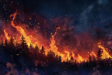 raging wildfire with intense flames and glowing embers against night sky digital painting