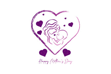 happy Mother's purple and white vector template design, happy Mother's Day card design with red hearts on white background, a mother and kid silhouette vector illustration, silhouette of mother,