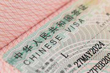 Close Up Chinese visa is approved. Applied visa in passport for traveling to China